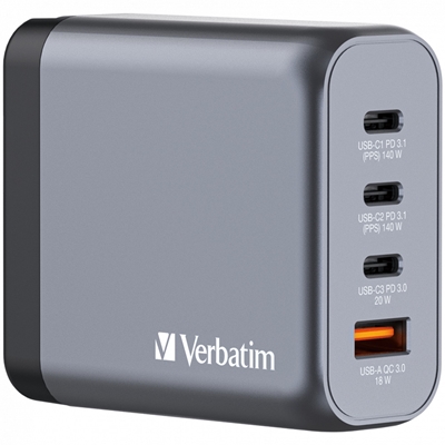Verbatim (32203) GNC-140 GaN Charger 140W with 2 x USB-C PD 140W / 1 x USB-C PD 20W / 1 x USB-A QC 3.0 (EU/UK/US)
