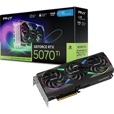 PNY NVIDIA GEFORCE RTX 5070Ti  ARGB Epic-X RGB OC16GB, GDDR7 Graphics Card, 8960 Cuda Cores, 2295 MHz Core Clock, Triple Fan, 3 x Display Ports/ 1 x HDMI Port
