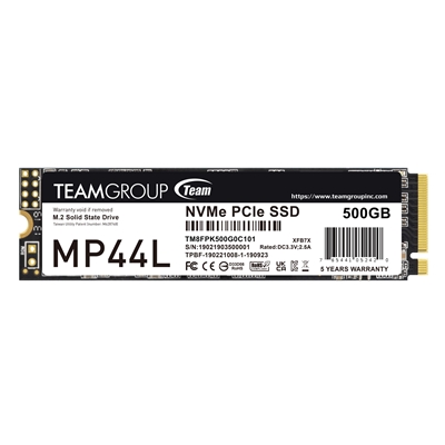 Team MP44L (TM8FPK500G0C101) 500GB NVMe SSD, PCIe Gen4, M.2 Interface, 2280, Read 5000 MB/s, Write 3700 MB/s, 5 Year Warranty
