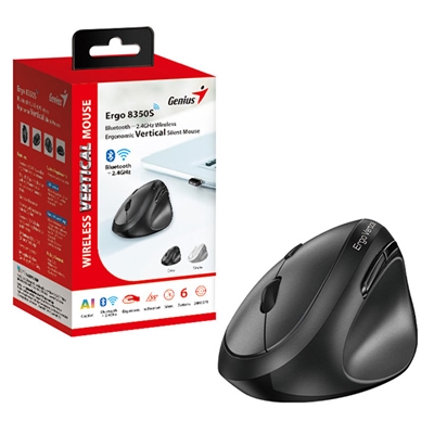 Genius Ergo 8350S Wireless Ergonomic Vertical Mouse, Blutooth & 2.4 GHz, Adjustable DPI levels up to 2400 DPI, 5 Button with Scroll Wheel, Dark Grey