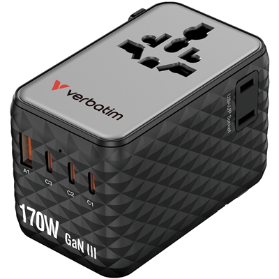 Verbatim (30190) Charge 'n' Travel 170W Universal Travel Adapter Black, Charge Up To 6 Devices AT Once