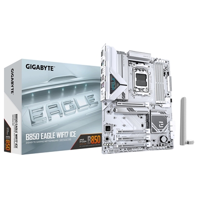 Gigabyte B850 EAGLE WIFI7 ICE AMD AM5 Socket Motherboard, ATX, 4x DDR5 Slots, 3x M.2 Socket, Fitted I/O Shield, 2.5GbE LAN, Wi-Fi 7, 1x DisplayPort / 1x HDMI Port